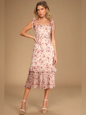 Lulus Terrace Views Taupe Floral Print Tiered Midi Dress Size Small | Wedding